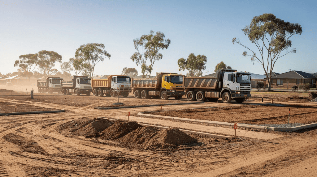 A row of tipper trucks parked on a dusty construction site in a flat coastal suburb of Australia, reflecting earthmoving and site preparation activities.
